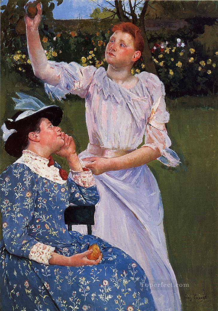 Young Woman Picking Fruit mothers children Mary Cassatt Oil Paintings